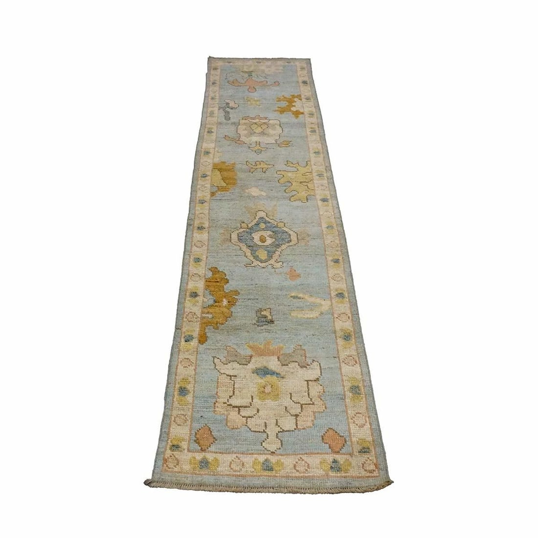 21st Century Turkish Oushak Wool 2X10 Gold, Light Blue & Ivory Handmade Runner Rug #1144116 - 2