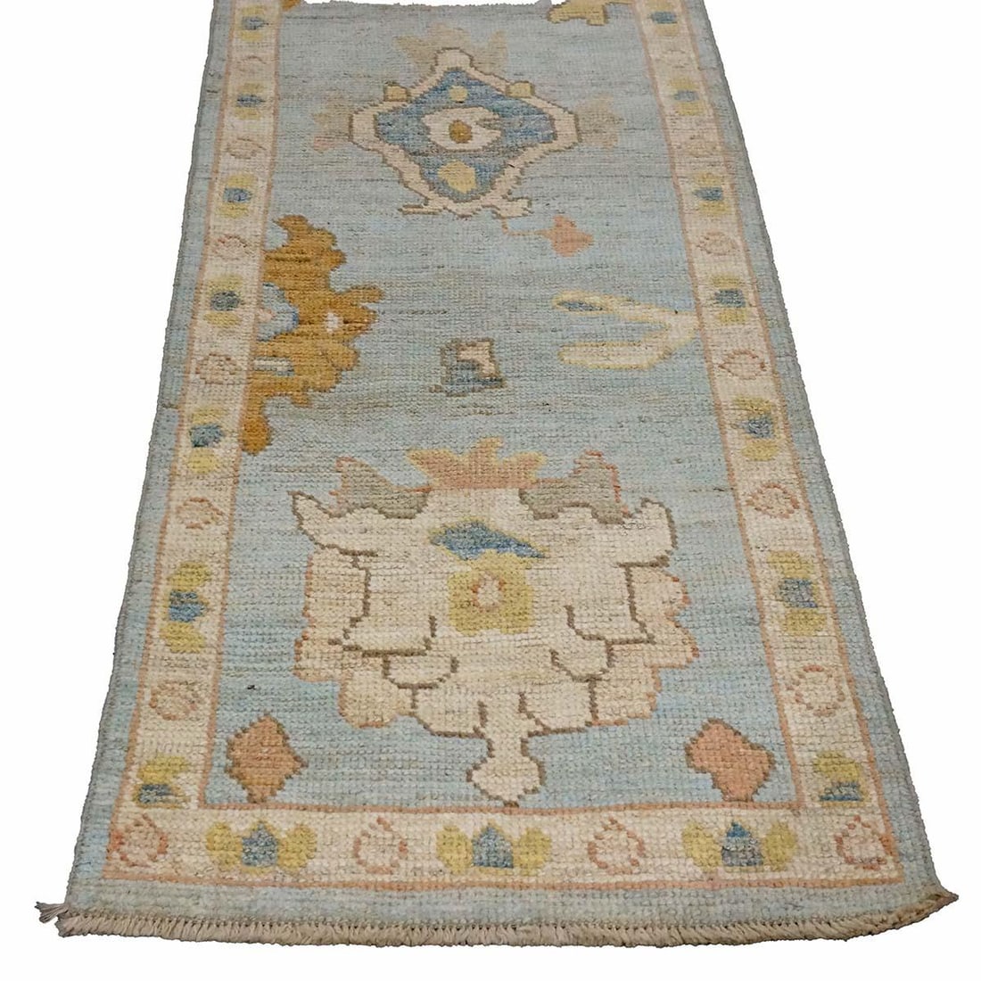 21st Century Turkish Oushak Wool 2X10 Gold, Light Blue & Ivory Handmade Runner Rug #1144116 - 3