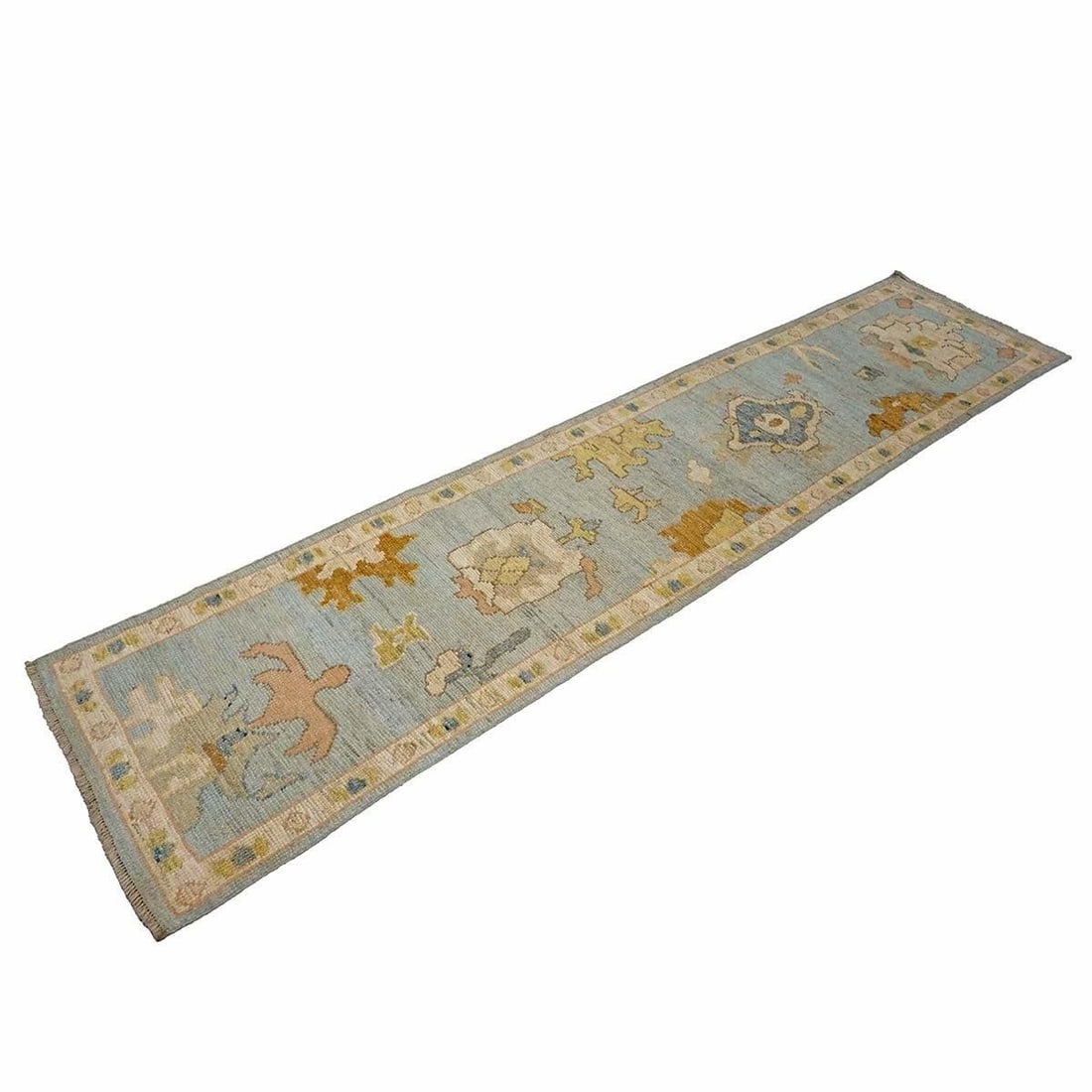 21st Century Turkish Oushak Wool 2X10 Gold, Light Blue & Ivory Handmade Runner Rug #1144116 - 4