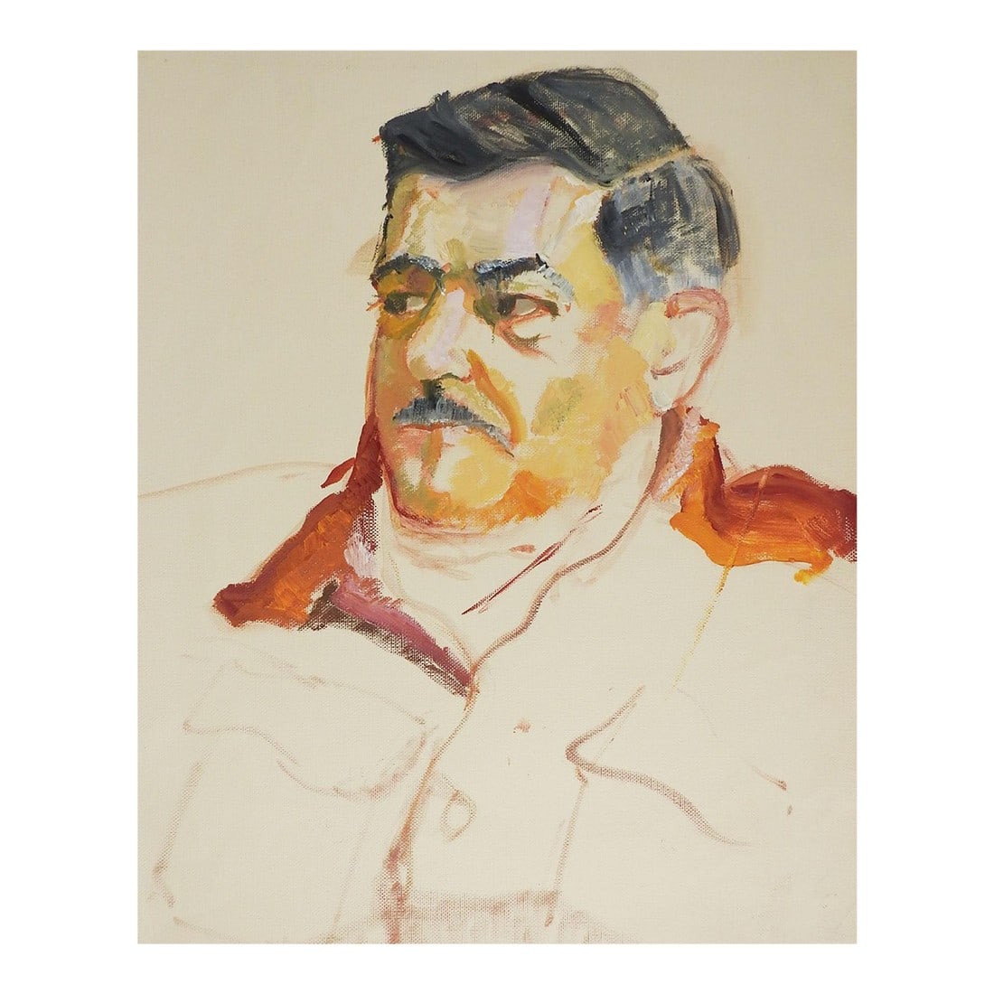Distinguished Gentleman Portrait Study Painting: Mid 20th century impressionist oil on canvas textured paper portrait study painting of a distinguished gentleman. Unsigned. Unframed, edge wear, corner crease. Condition: Alterations: Original