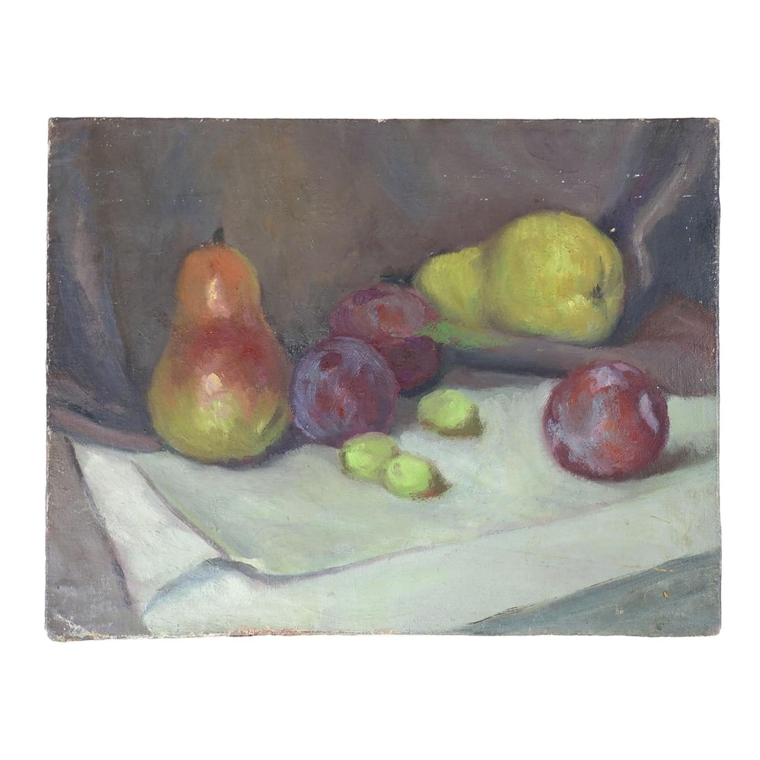Early 20th Century Pears Plums Still Life Fruit Painting: Early 20th century oil on canvas board still life with pears and plums. Unsigned. Unframed, edge and corner wear. Condition: Alterations: Original Condition Unaltered Imperfections: Some