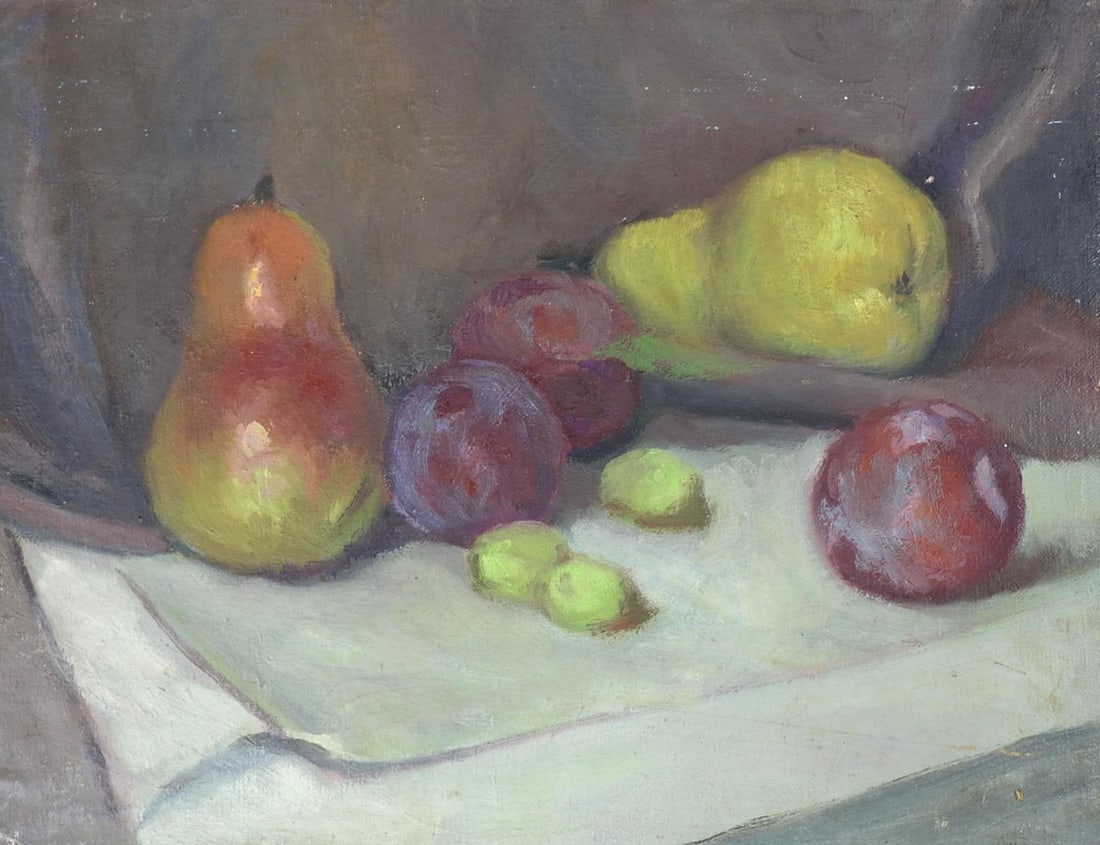Early 20th Century Pears Plums Still Life Fruit Painting - 4