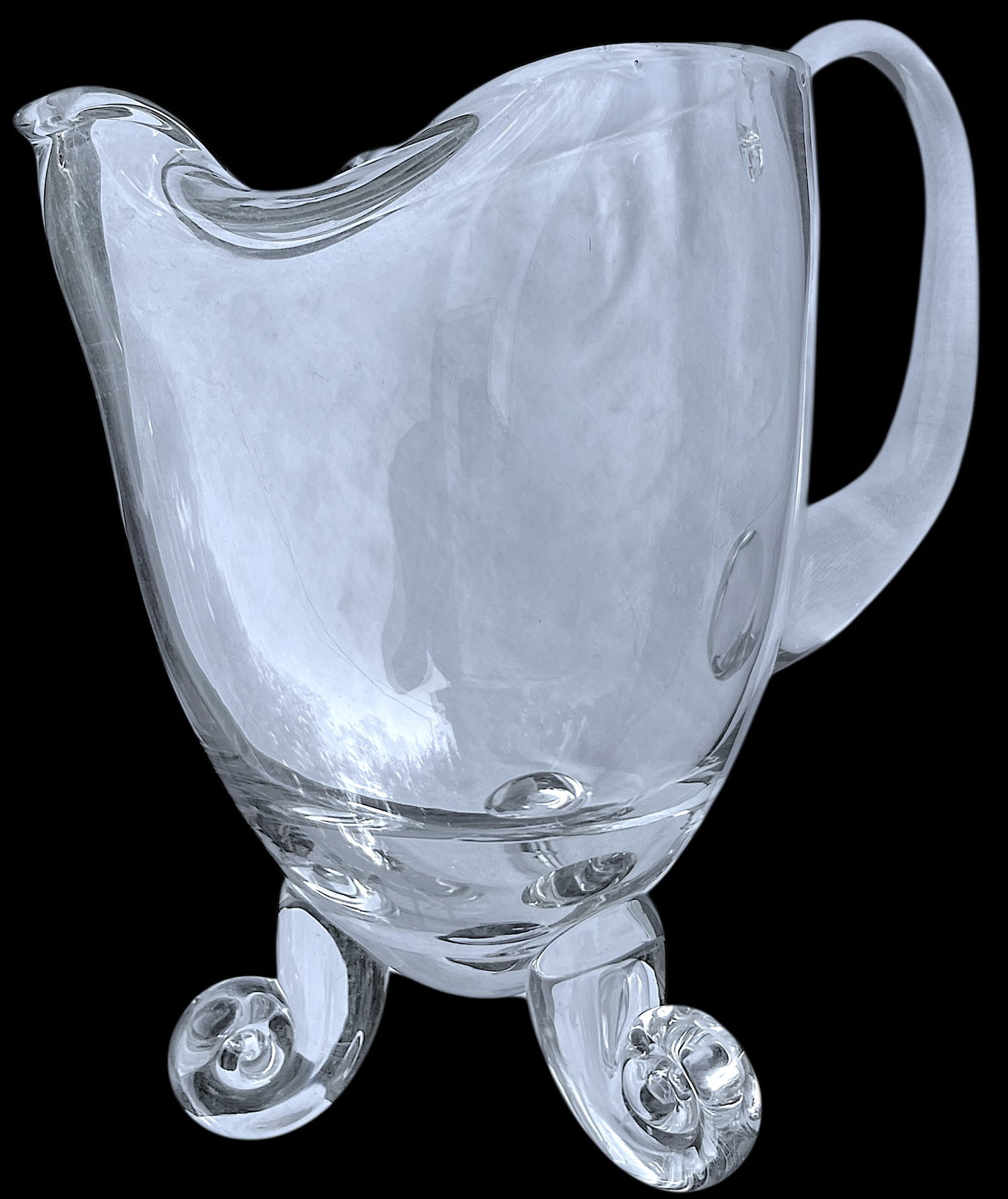 Mouth-Blown Glass Scroll Foot Water Pitcher After Steuben by John Dreves | Hand-Scrolled Feet + Grou - 2