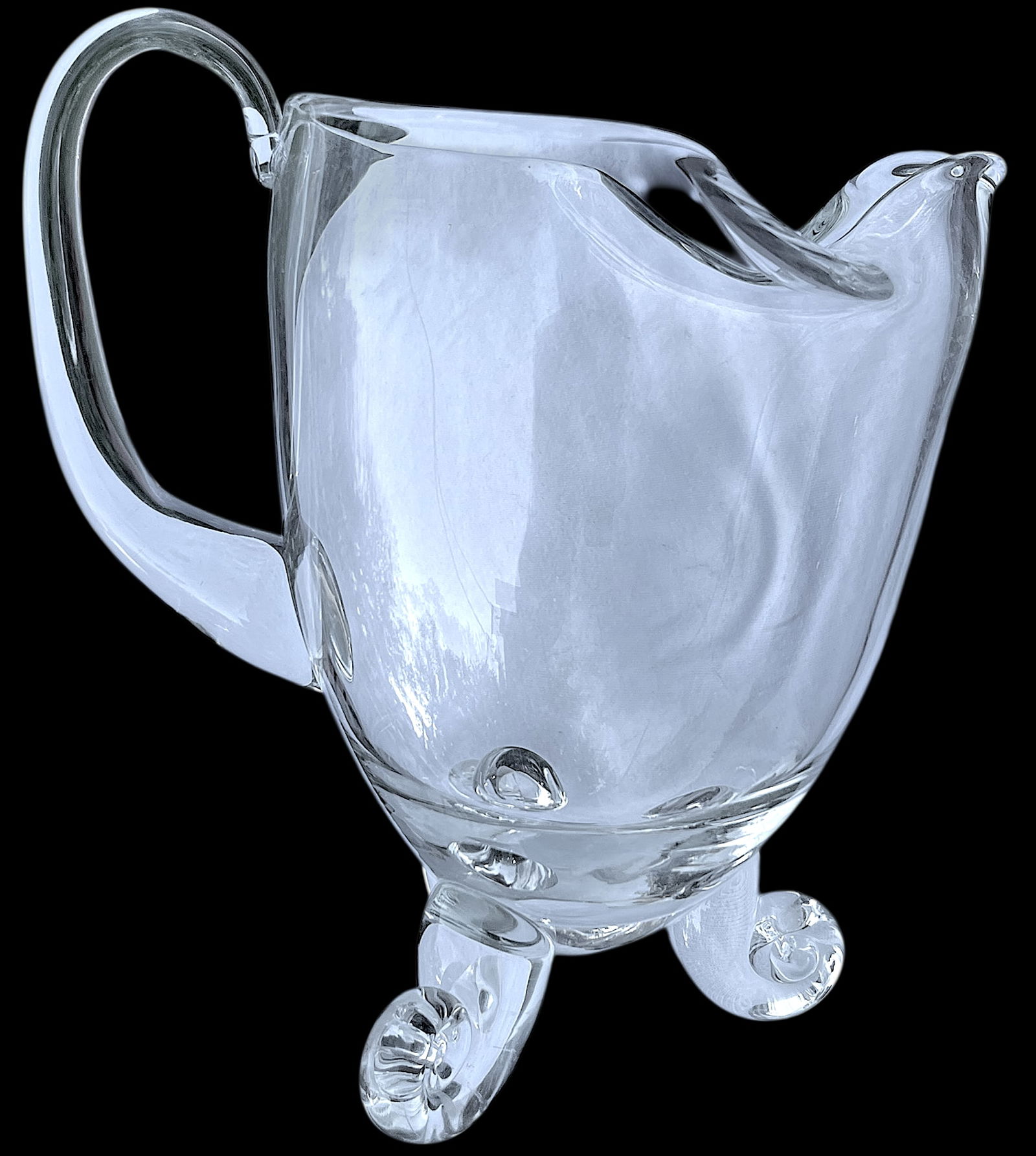Mouth-Blown Glass Scroll Foot Water Pitcher After Steuben by John Dreves | Hand-Scrolled Feet + Grou - 3