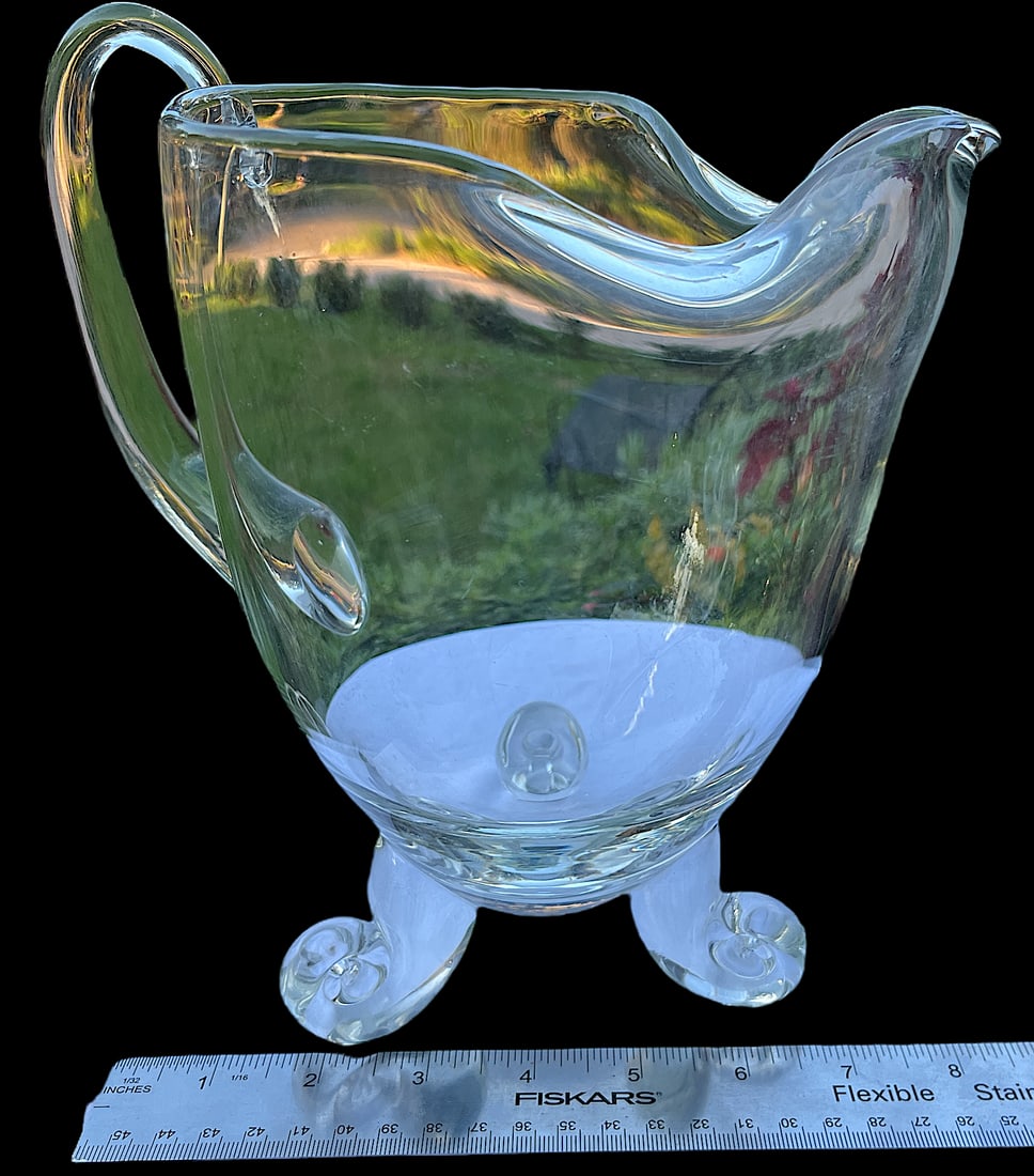 Mouth-Blown Glass Scroll Foot Water Pitcher After Steuben by John Dreves | Hand-Scrolled Feet + Grou - 9