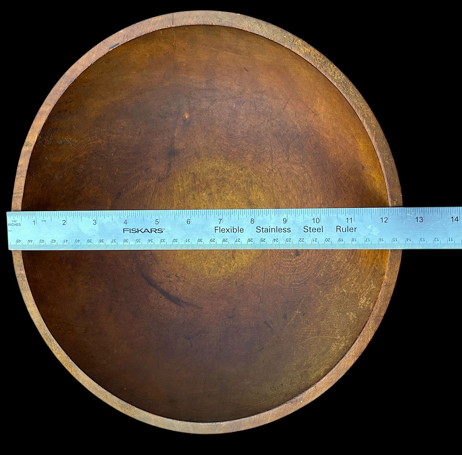 Primitive Hand-Turned Wooden Bowl – 13" Diameter Organic Form "• Warm Patina "• - 9