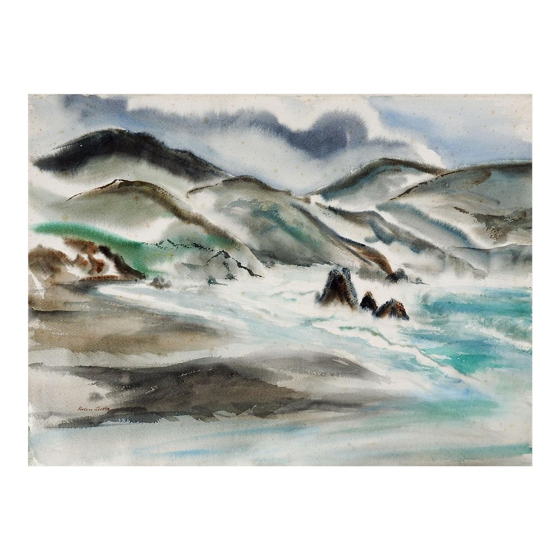 Mid 20th Century Modernist California Coastal Seascape Watercolor Painting: Mid 20th century watercolor on paper Cronkite Beach, California seascape painting. Signed Helen Liotta (20th Century) California, in turquoise, blue and gray. Unframed, overall foxing, edge wear. 
