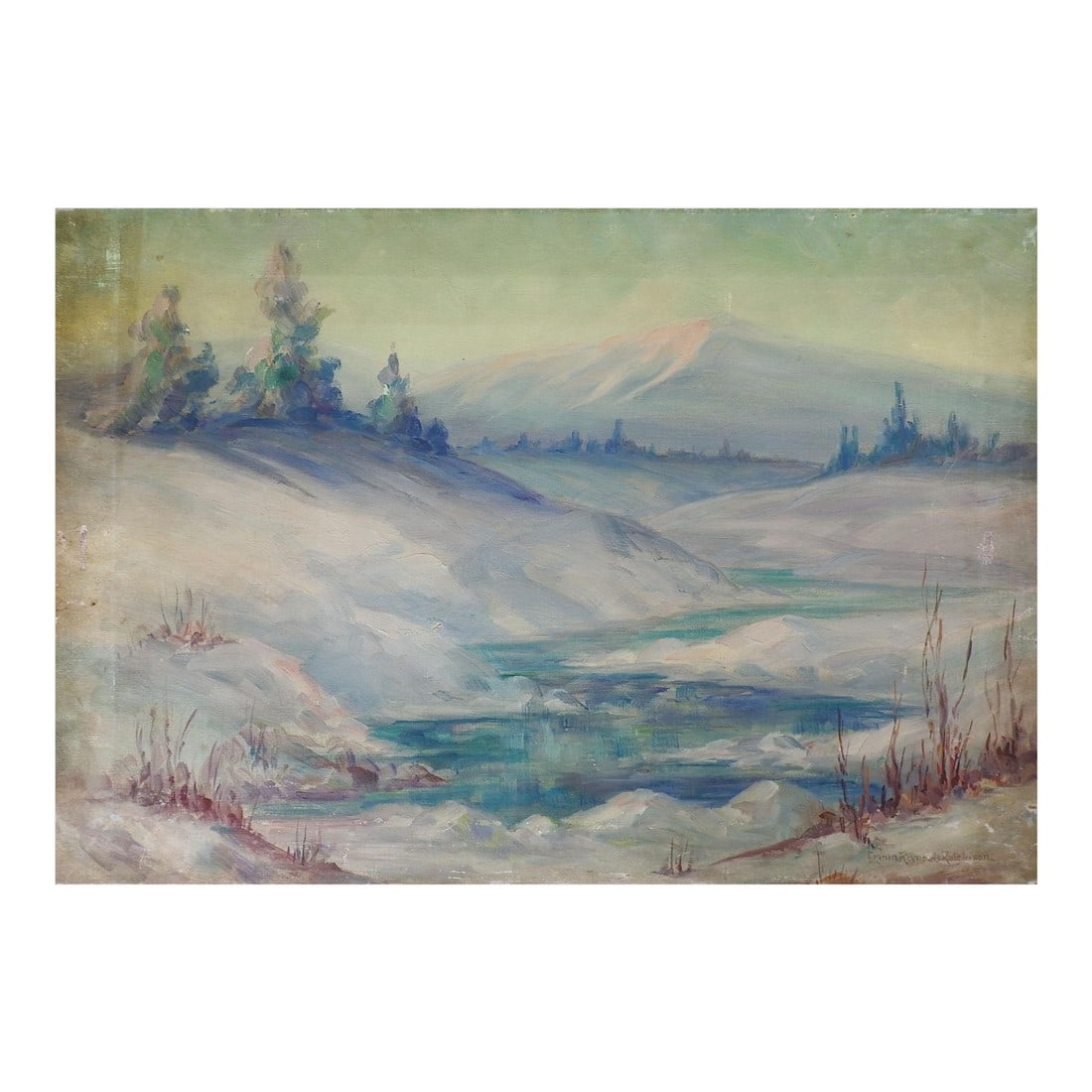 Early 20th Century Impressionist Misty Blue Winter Landscape Painting: Early 20th century oil on canvas misty blue winter landscape painting. Signed Emma Reynolds Hutchison lower right corner. Unframed, scattered paint loss, scuffing, small canvas repair. Condition: