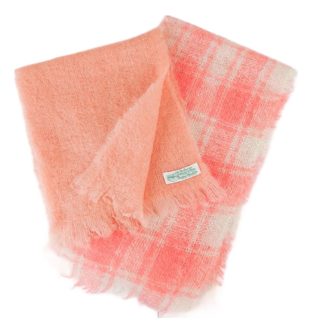 Vintage Bellariva Italian Peach Mohair Wool Scarf - A Pair: Pair of mid 20th century mohair open weave Bellariva scarves in peach and pink plaid. Peach scarf has tag, Bellariva made in Italy expressly for Jordan Marsh Co. Boston 48" x 11" including fringe. 