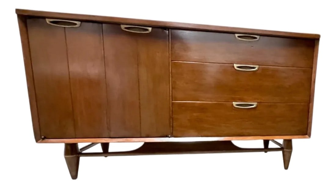 Broyhill Premier Emphasis Mid Century Modern Credenza/Dresser 1950's-60's: Mid century modern refinished rich walnut color to match original. This authentic Broyhill Premier Emphasis showcases on of the most distinctive designs from Broyhills celebrated mid century modern
