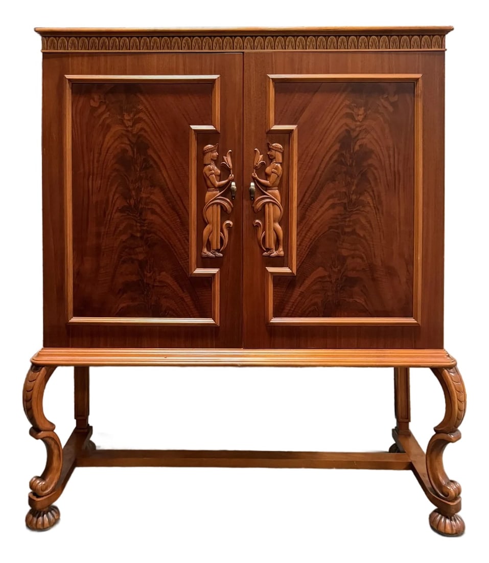 Swedish Grace Hand-Carved Antique Art Deco Bar or Storage Cabinet 1920s: A rare and exceptional piece of Swedish Grace furniture, handmade in Sweden in the 1920s. Attributed to famed furniture designer Otto Schulz of Boet, this cabinet showcases the sophisticated Swedish G