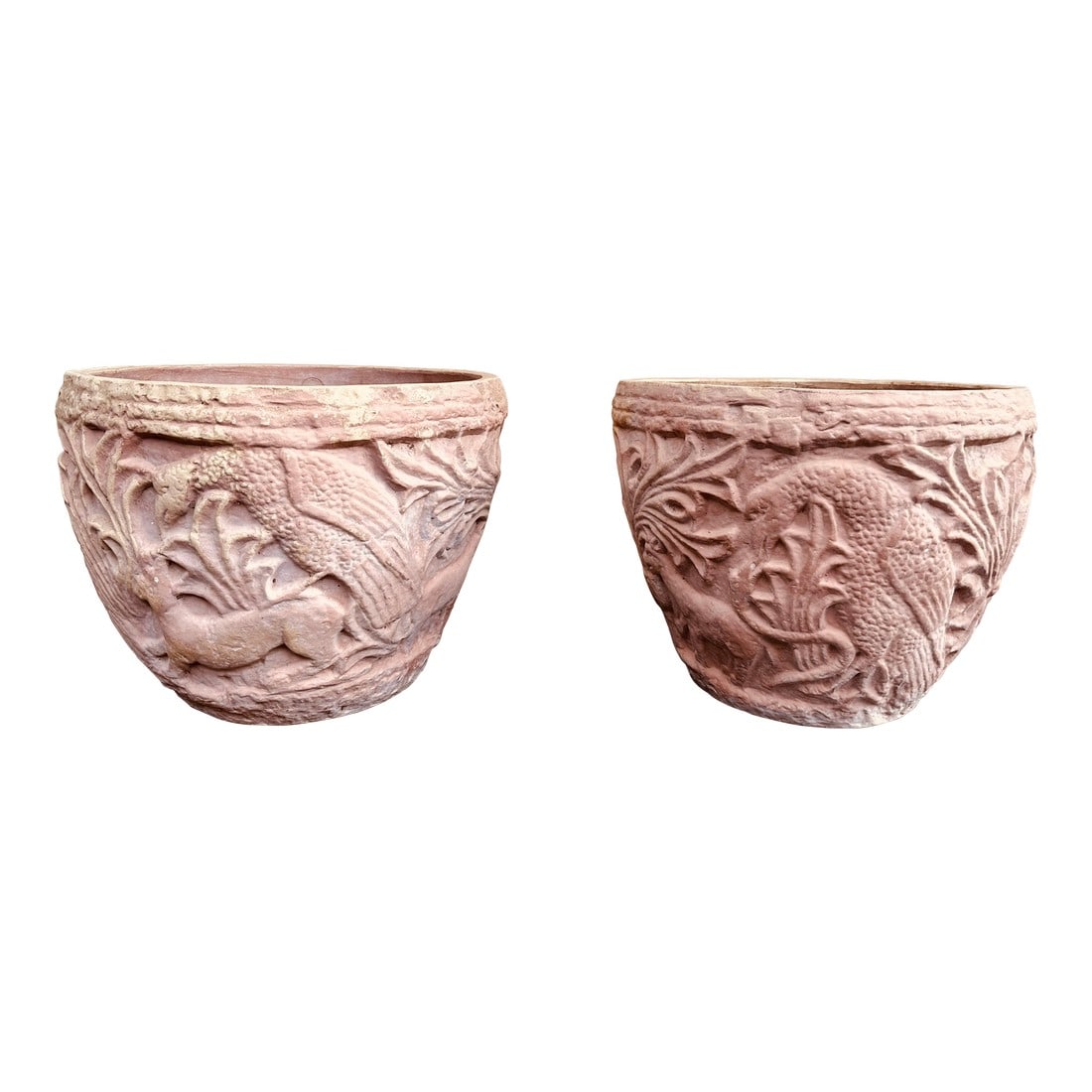 Vintage Italian Tertacotta Tuscan Majolica Planters-a Pair: These planters, likely made of terracotta, showcase a decorative style that was popular in the early to mid-20th century, drawing inspiration from classical and Renaissance garden ornamentation. The