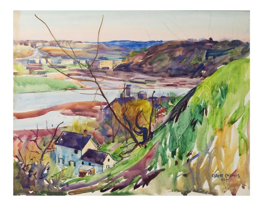 Vintage 1924 Egbert Cadmus New England River View Watercolor Painting (1 of 7)