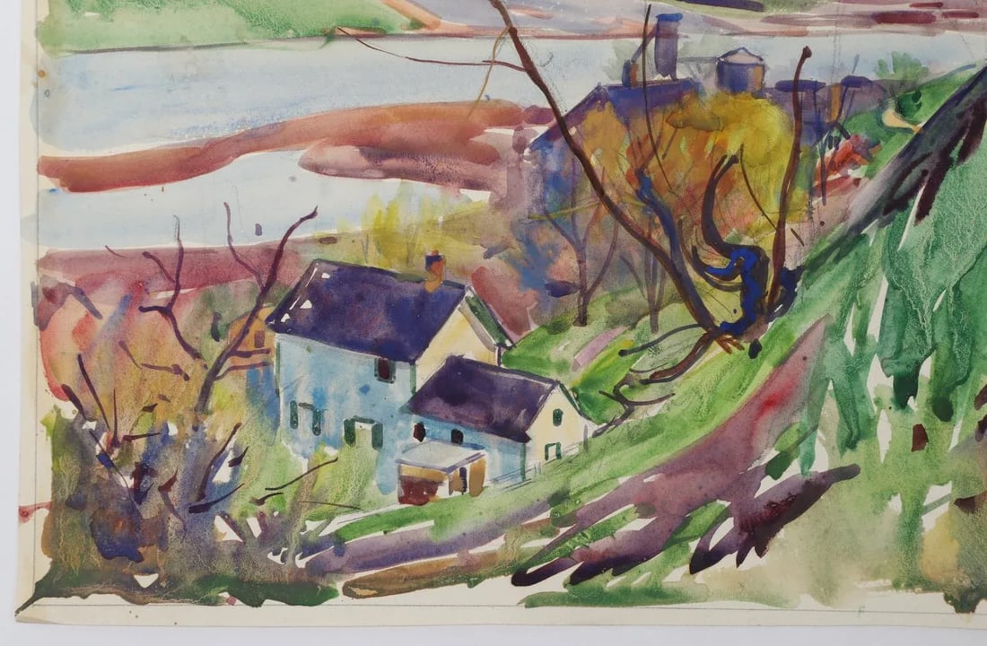Vintage 1924 Egbert Cadmus New England River View Watercolor Painting - 4