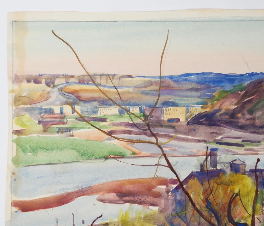 Vintage 1924 Egbert Cadmus New England River View Watercolor Painting - 5