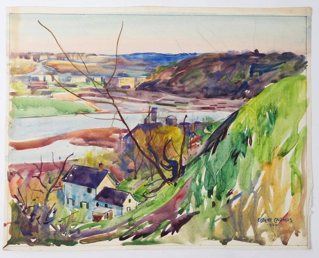 Vintage 1924 Egbert Cadmus New England River View Watercolor Painting - 6