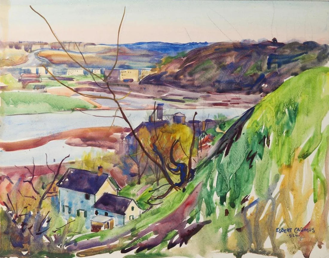 Vintage 1924 Egbert Cadmus New England River View Watercolor Painting - 7
