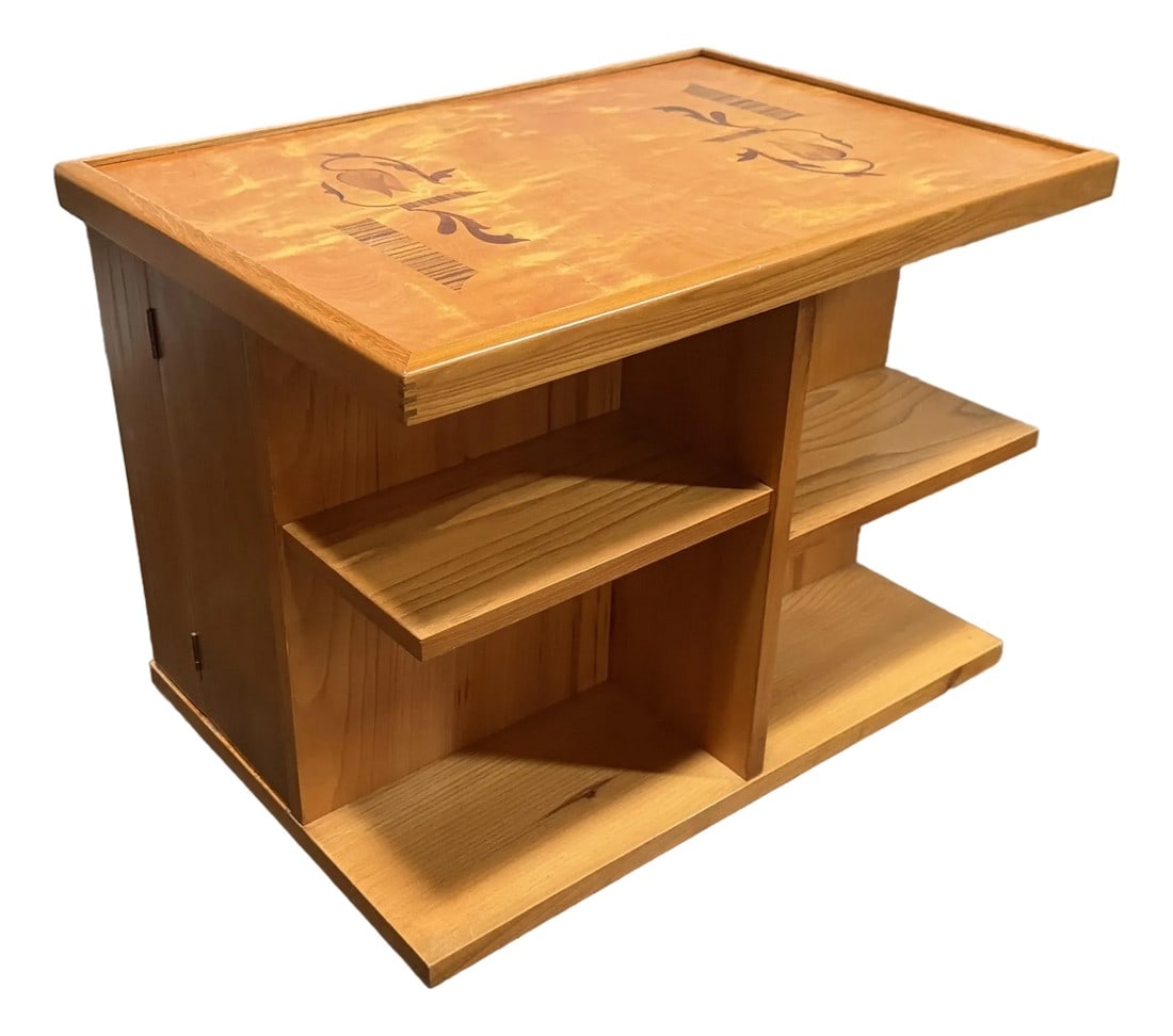 Swedish Grace Art Deco Intarsia Bar Cabinet End Table by Mjölby Intarsia c.1930: Multi-functional rolling cabinet that is an outstanding example of the Swedish Grace (Art Deco) movement, embodying functional beauty and exquisite craftsmanship. This style of furniture was