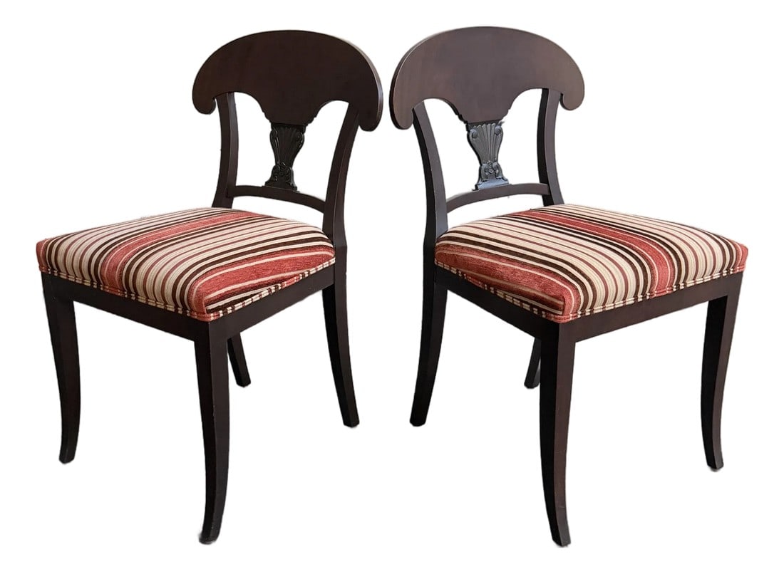 Pair of Antique Swedish Karl Johan Biedermeier Flame Birch Chairs - Restored: This exquisite pair of early 20th-century side chairs represents the Karl Johan Revival style"”Sweden's distinct interpretation of the pan-European Biedermeier movement"”a stunning return