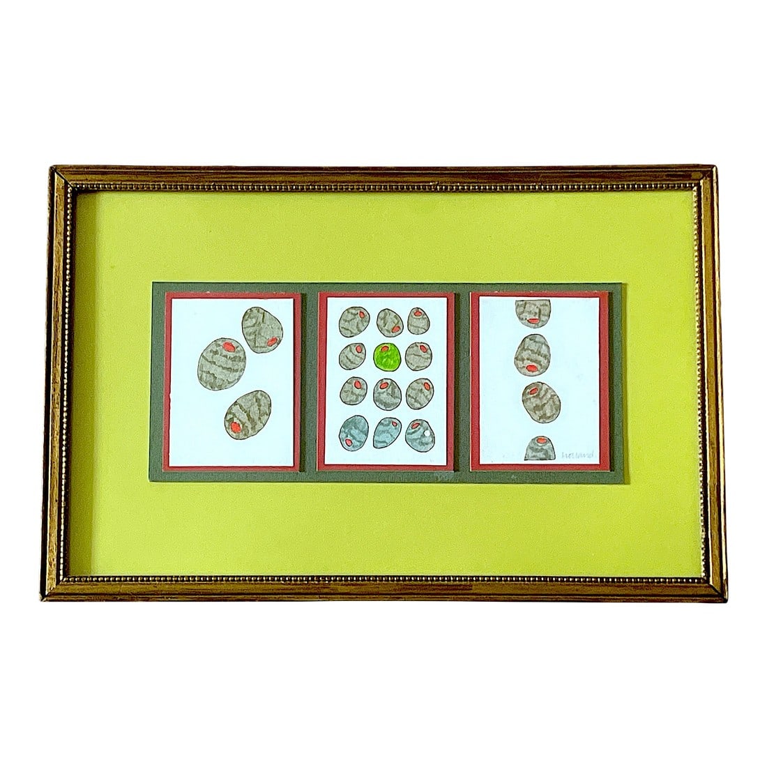 Contemporary Pen & Ink Drawing Olive Triptych Signed Original in Vintage Giltwood Frame – 11": Charming, witty, and delightfully graphic suited for the martini lover. This contemporary pen and ink triptych features three small compositions of olives"”each one individually rendered with