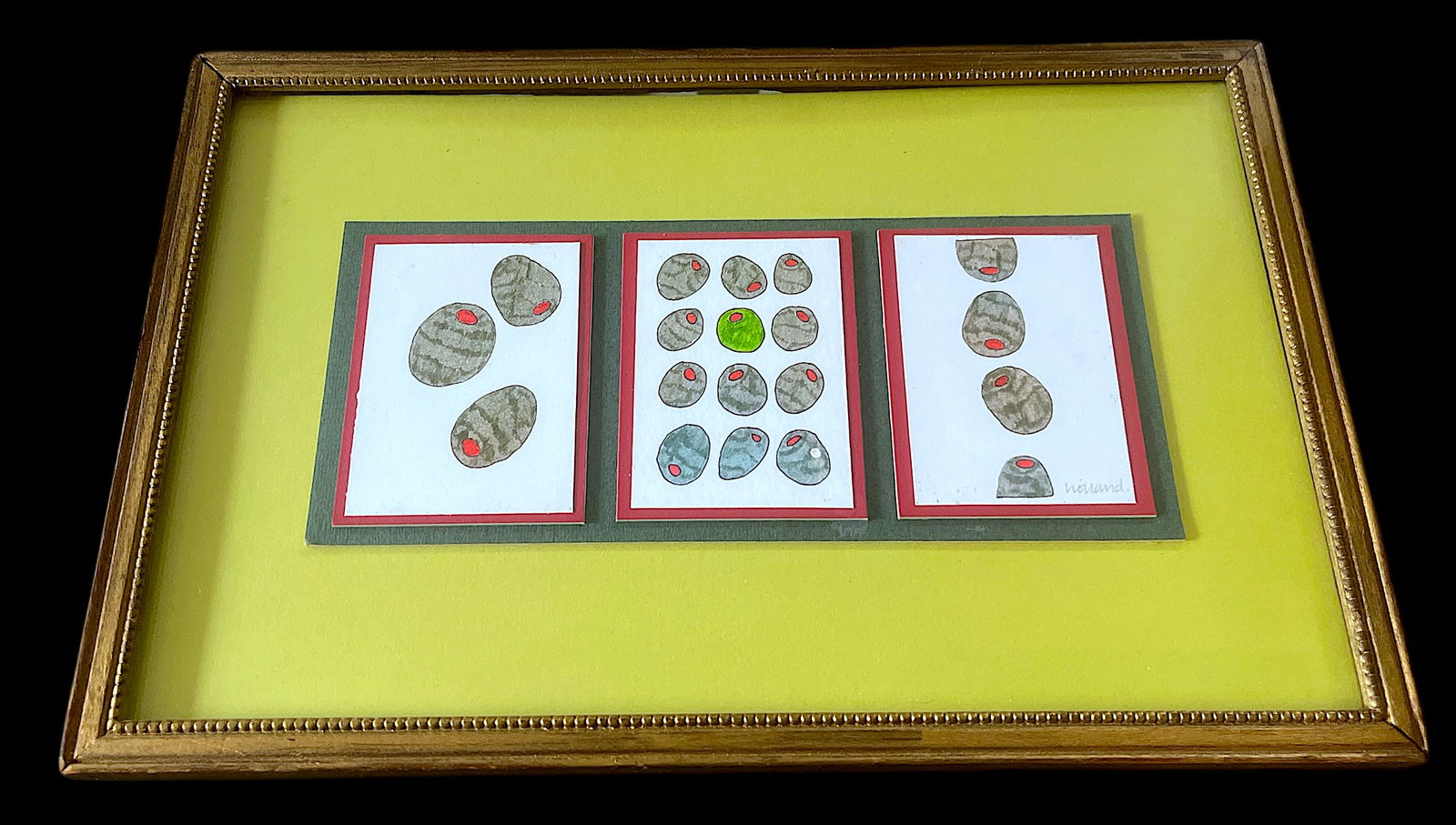 Contemporary Pen & Ink Drawing Olive Triptych Signed Original in Vintage Giltwood Frame – 11" - 2