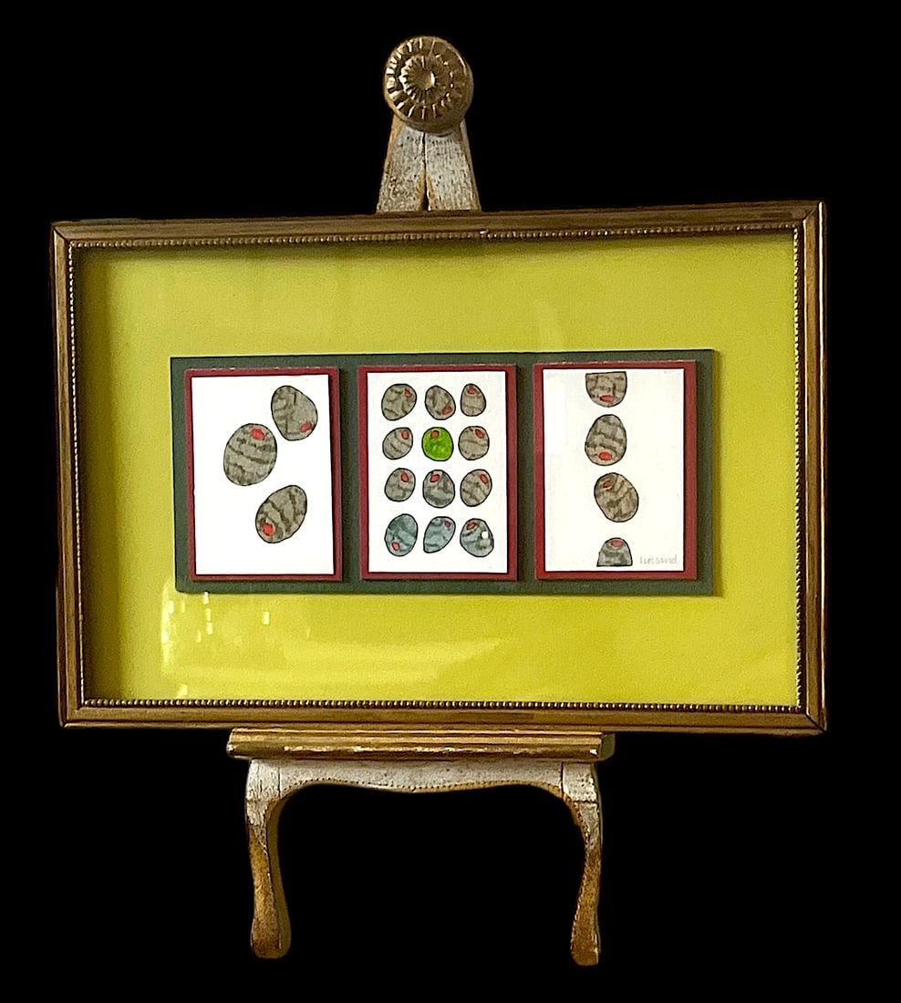 Contemporary Pen & Ink Drawing Olive Triptych Signed Original in Vintage Giltwood Frame – 11" - 3