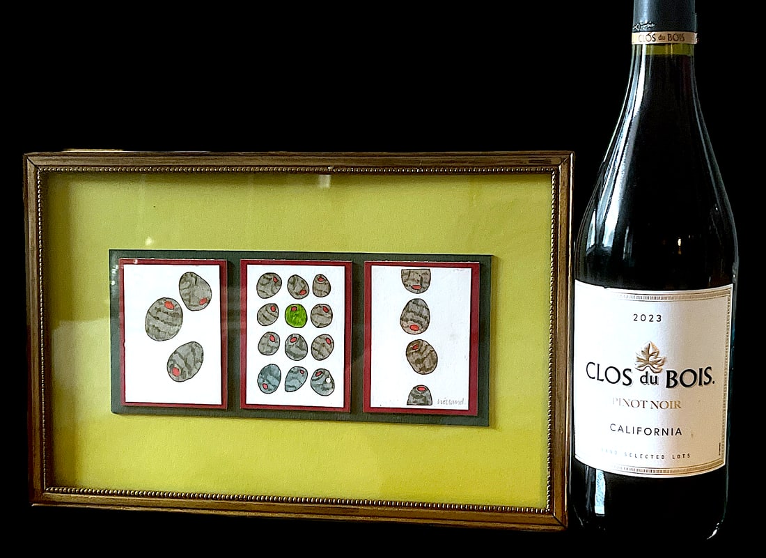 Contemporary Pen & Ink Drawing Olive Triptych Signed Original in Vintage Giltwood Frame – 11" - 4