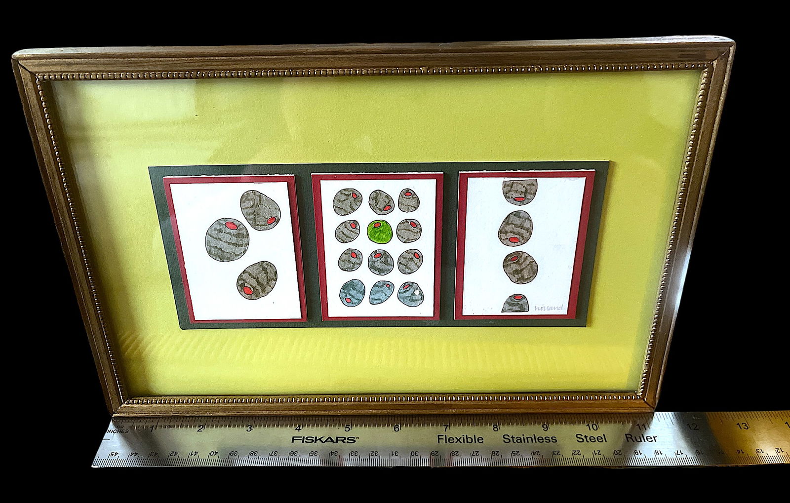 Contemporary Pen & Ink Drawing Olive Triptych Signed Original in Vintage Giltwood Frame – 11" - 5