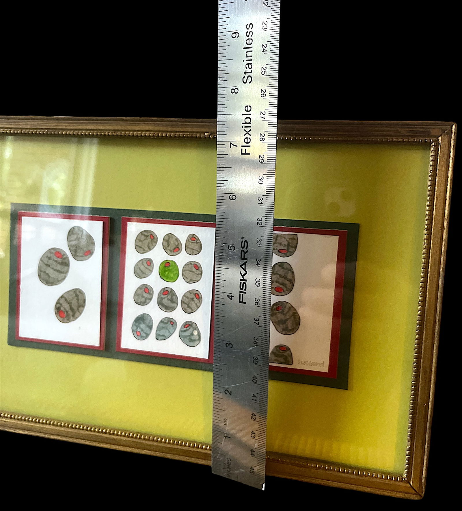 Contemporary Pen & Ink Drawing Olive Triptych Signed Original in Vintage Giltwood Frame – 11" - 6