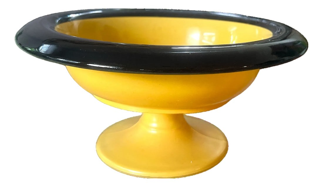 1930s Czech Bohemian Art Deco Yellow and Black Opaline Footed Pedestal Bowl Tazza: A bold, sculptural statement from the golden age of Czech Bohemian glass, this 1930s Art Deco opaline pedestal bowl (tazza) features a dramatic canary-yellow body paired with a high-gloss black