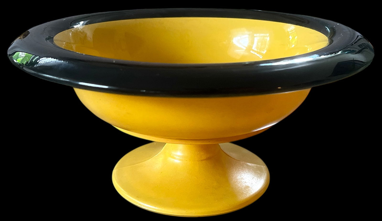 1930s Czech Bohemian Art Deco Yellow and Black Opaline Footed Pedestal Bowl Tazza - 2