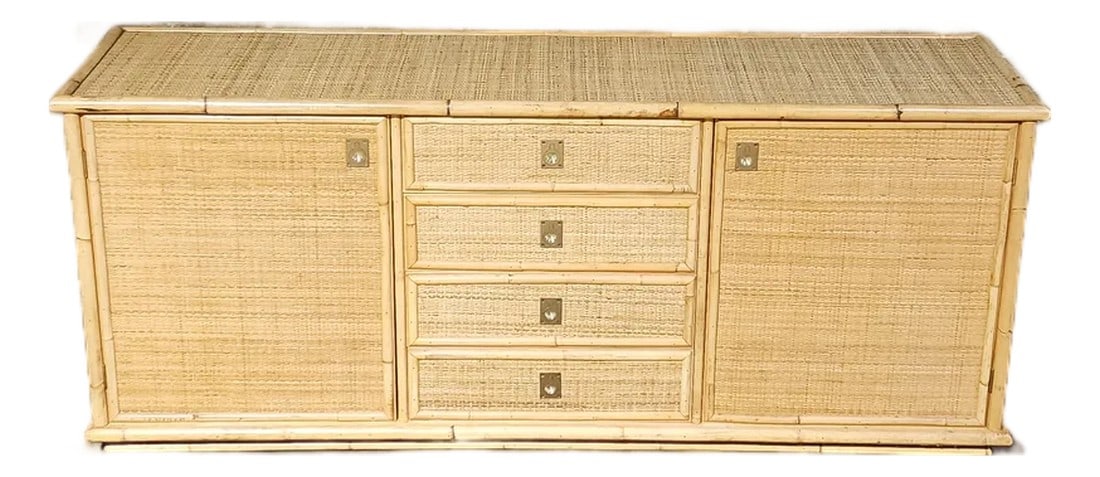 Dal Vera Credenza, Bamboo & Rattan, Made in Italy, 1970s: Beautiful Italian Credenza made by Dal Vera SPA marked 1979. Bamboo and Rattan. wonderful brass hardware. features 4 drawers and 2 doors. Condition: Alterations: Original Condition Unaltered