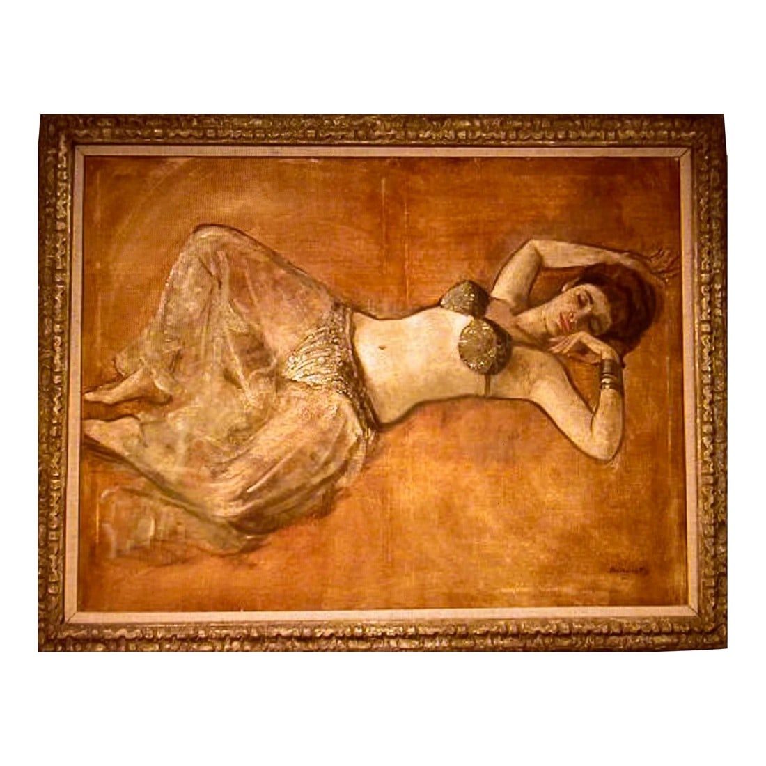 1960's Belly Dancer-Oil on Canvas-"Morocco"- Custom Framed & Signed: This spectacular life-sized portrait/painting of the exotic Oriental dancer, "Morocco" in her costume when she performed at the Round Table in New York and was done by Robert Baranet (1925-2001), in