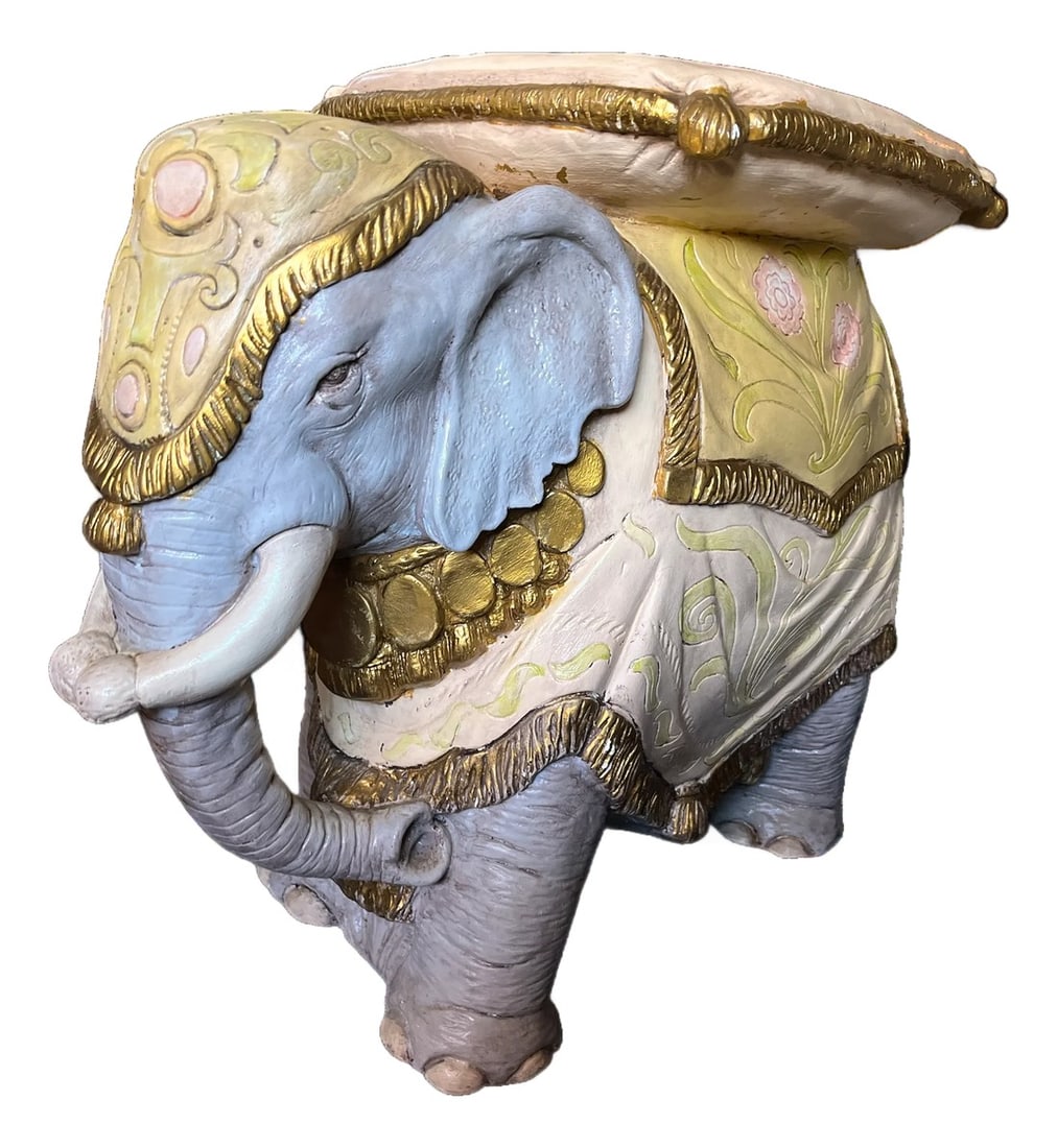 Vintage Hand-Painted Elephant Garden Stool / Side Table: vintage hand-painted plaster elephant garden stool, lavishly detailed in soft pastels, antiqued gold accents, and floral motifs. At over 21 inches tall, this sculptural statement piece functions