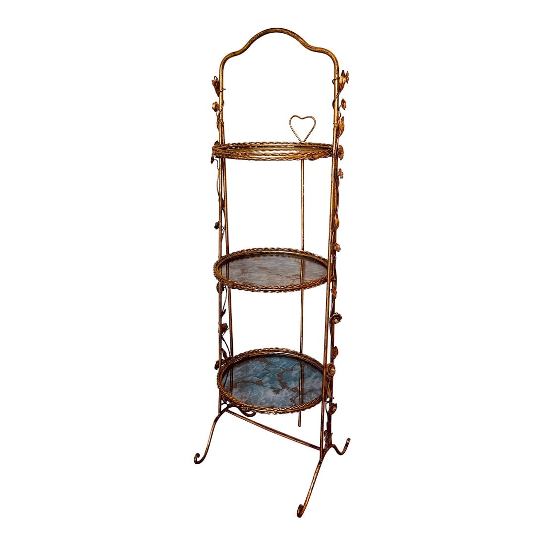 1950s Italian Gold Gilt Étagère Three-Tiers Foldable Serving Tray Table: Vintage Mid-Century Italian Florentine Tole Gold Gilt Étagère or Three-Tiered Foldable Serving Tray Table Gilt metal and mirror three-tiered foldable serving tray table decorated with an