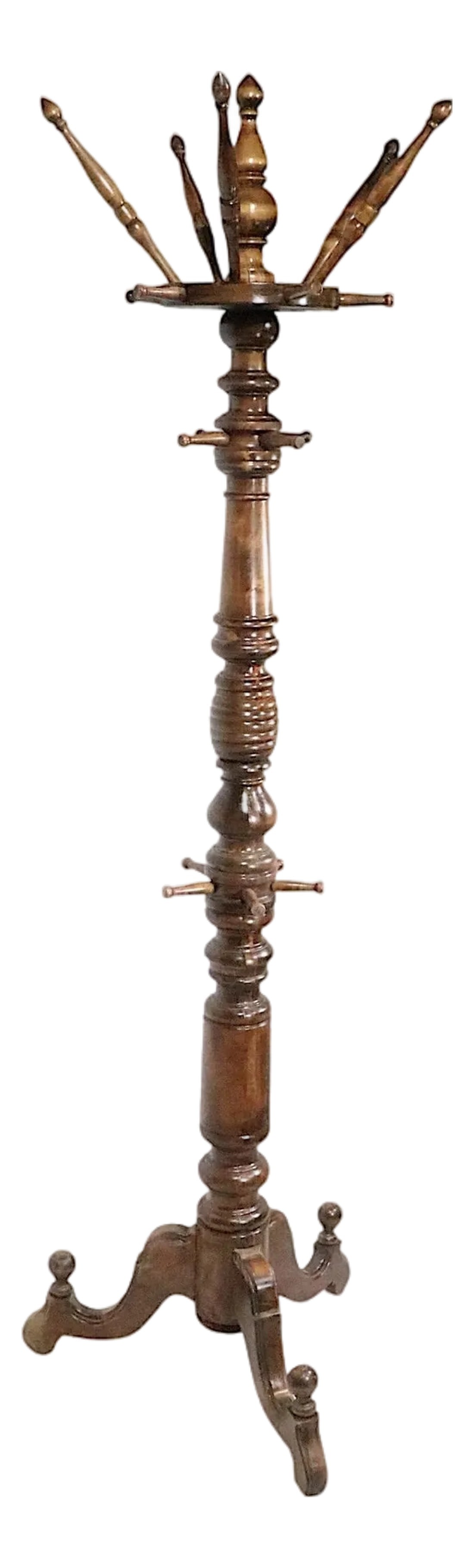 19th Century Victorian Walnut Coat Rack Coat Tree: Exceptional Victorian, Renaissance Revival, style walnut coat tree, having five hooks at the top, which rotate around the vertical center pole, beneath the top hooks are five additional rotating hooks