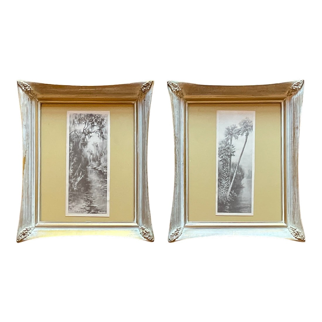 Pair of 1940s Old Florida Black & White Photographs in White Washed Pickled Gilt Frames and Ochre Ma: A beautifully evocative pair of vintage black-and-white photographs depicting classic Old Florida landscapes, likely dating to the 1940s. One image captures tall palm trees along a quiet waterway;