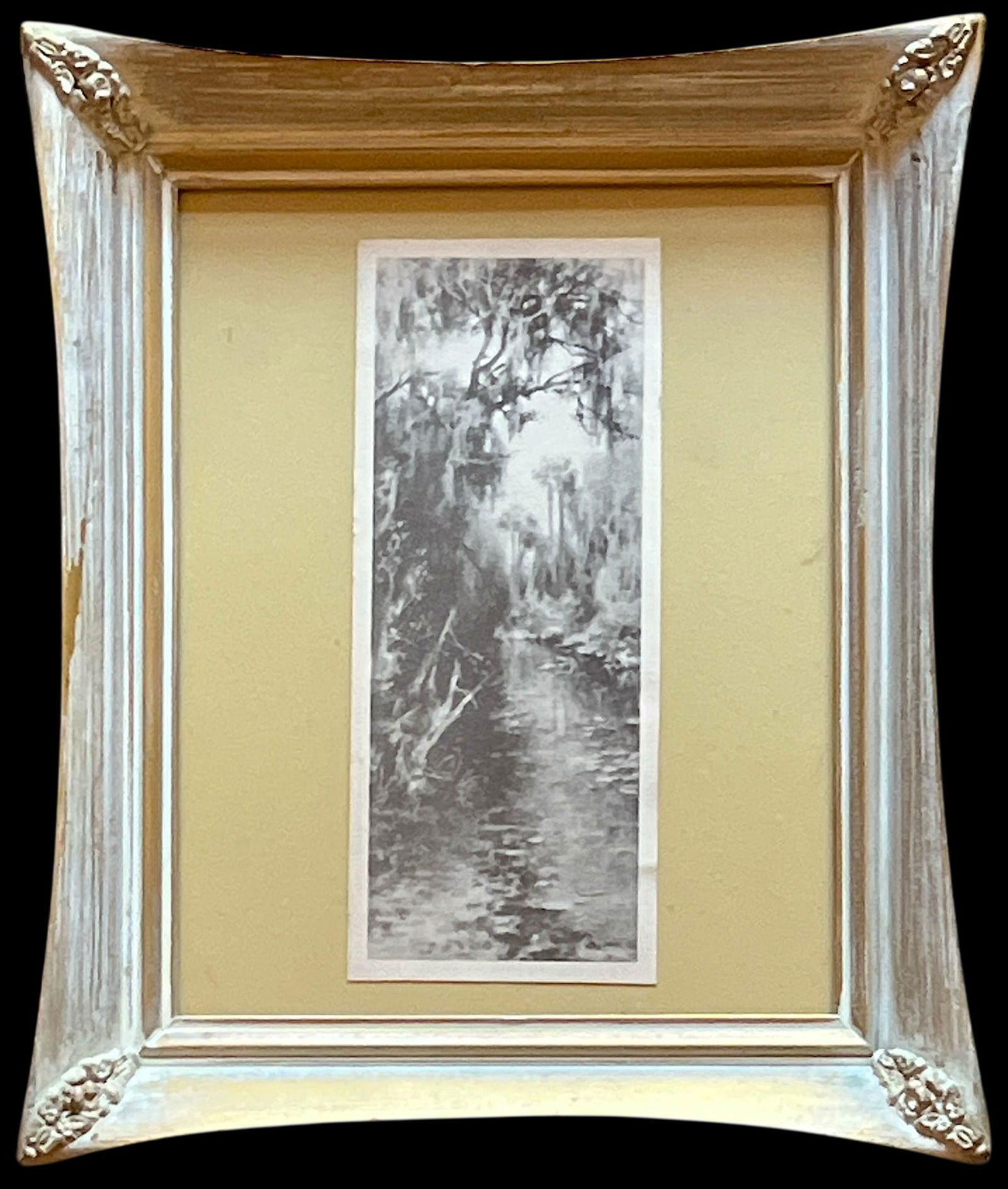Pair of 1940s Old Florida Black & White Photographs in White Washed Pickled Gilt Frames and Ochre Ma - 3