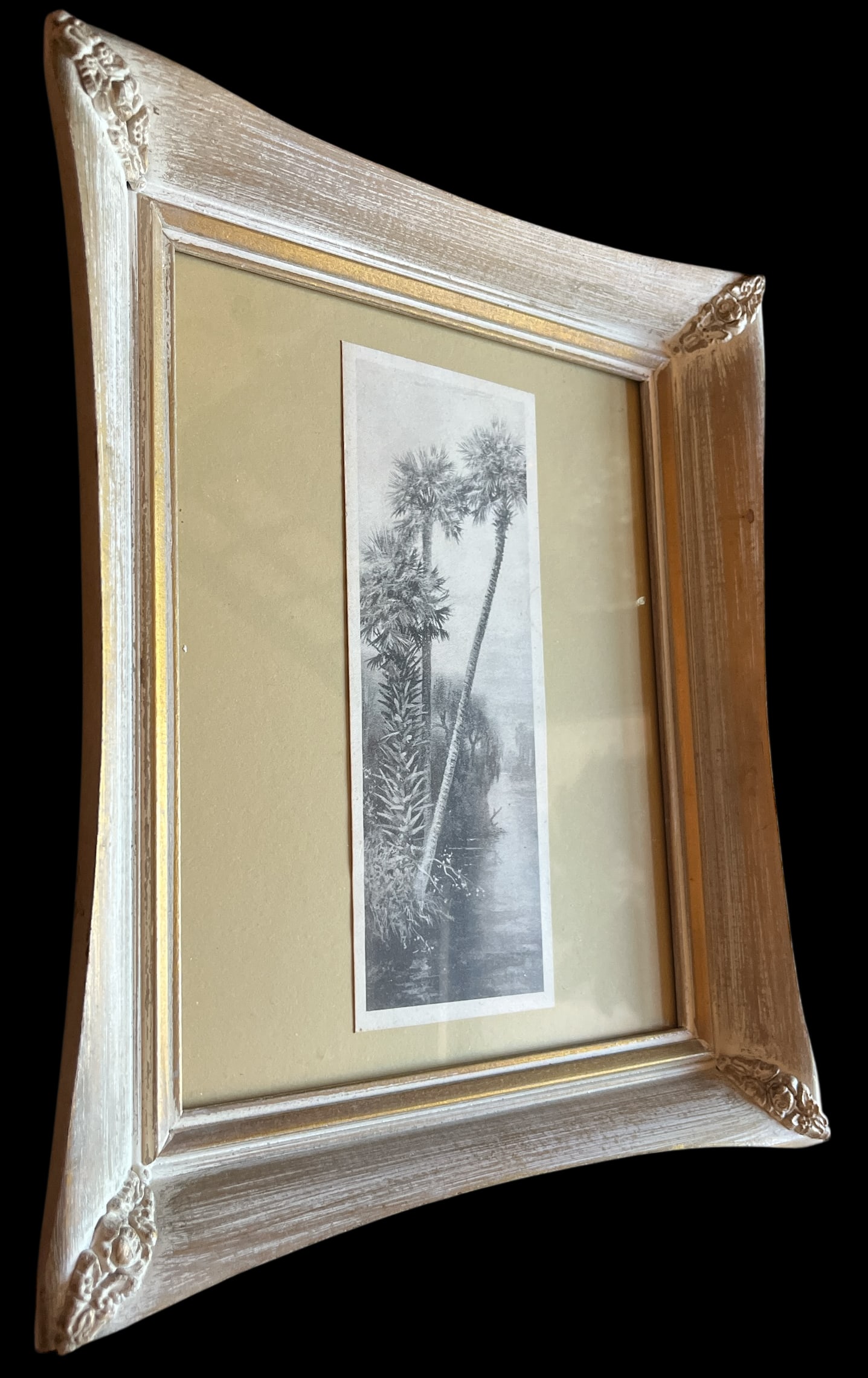 Pair of 1940s Old Florida Black & White Photographs in White Washed Pickled Gilt Frames and Ochre Ma - 4
