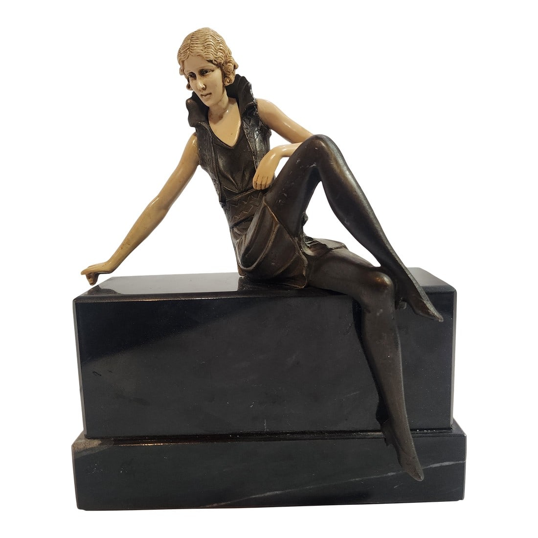 1930s Art Deco "Flapper Girl on a Wall" Bronze and Galalith Sculpture: Inspired by Ferdinand Preiss this stunning lady sits perched atop a marble wall. 1920-1930's she in in lovely condition with only minor flaws if any. As always Home Inspirations ships for free. 
