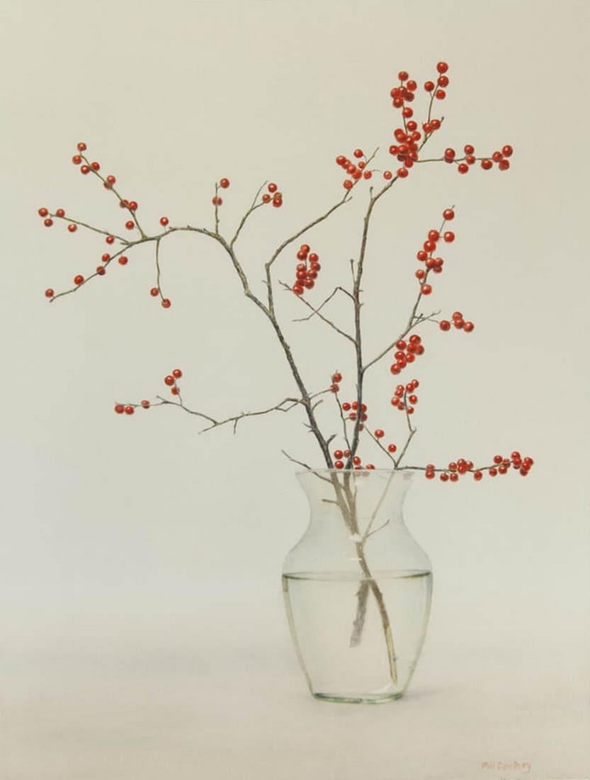 Scarlet Interval - Watercolor: Scarlet Interval 19.5" x 25.5" Watercolor on Arches Paper This refined watercolor by Phil Courtney highlights the artist's disciplined draftsmanship and exquisitely controlled surface, presenting a