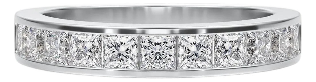 9 princess cut channel set band, Size 5: This ring features 9 princess cut diamonds in a channel setting in platinum. Proudly crafter at SIMON ARDEM Diamond Jewelry. Condition: Alterations: Original Condition Unaltered Imperfections: Some