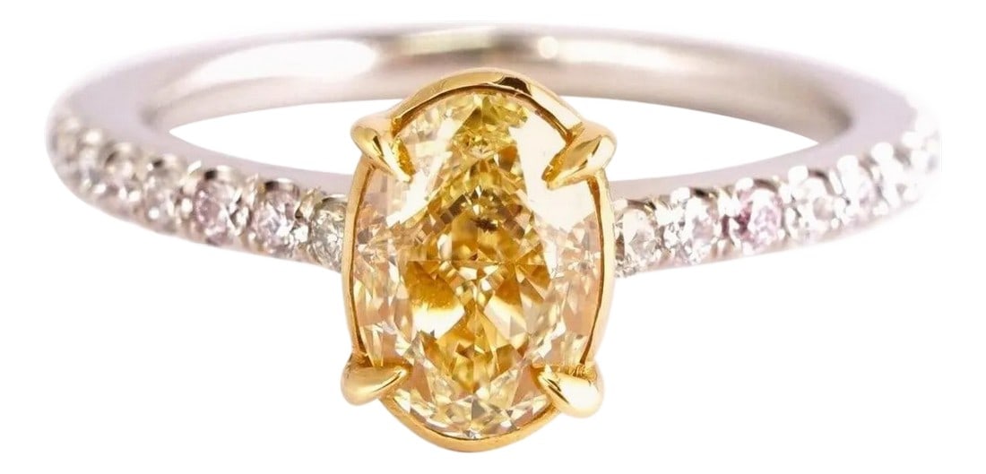 Fancy Yellow 1.12 Ct Oval Cut Diamond Engagement Platinum Ring, Size 5.75 | Simon Ardem Jewelry: Fancy Yellow Diamond ring. Center stone: 1.12ct Oval cut Fancy Yellow SI1 diamond. Side stones: .32ct H-I-J VS1-SI1 Brilliant round diamonds. Total carat weight: 1.44ct. Metal: Platinum, 18K Yellow