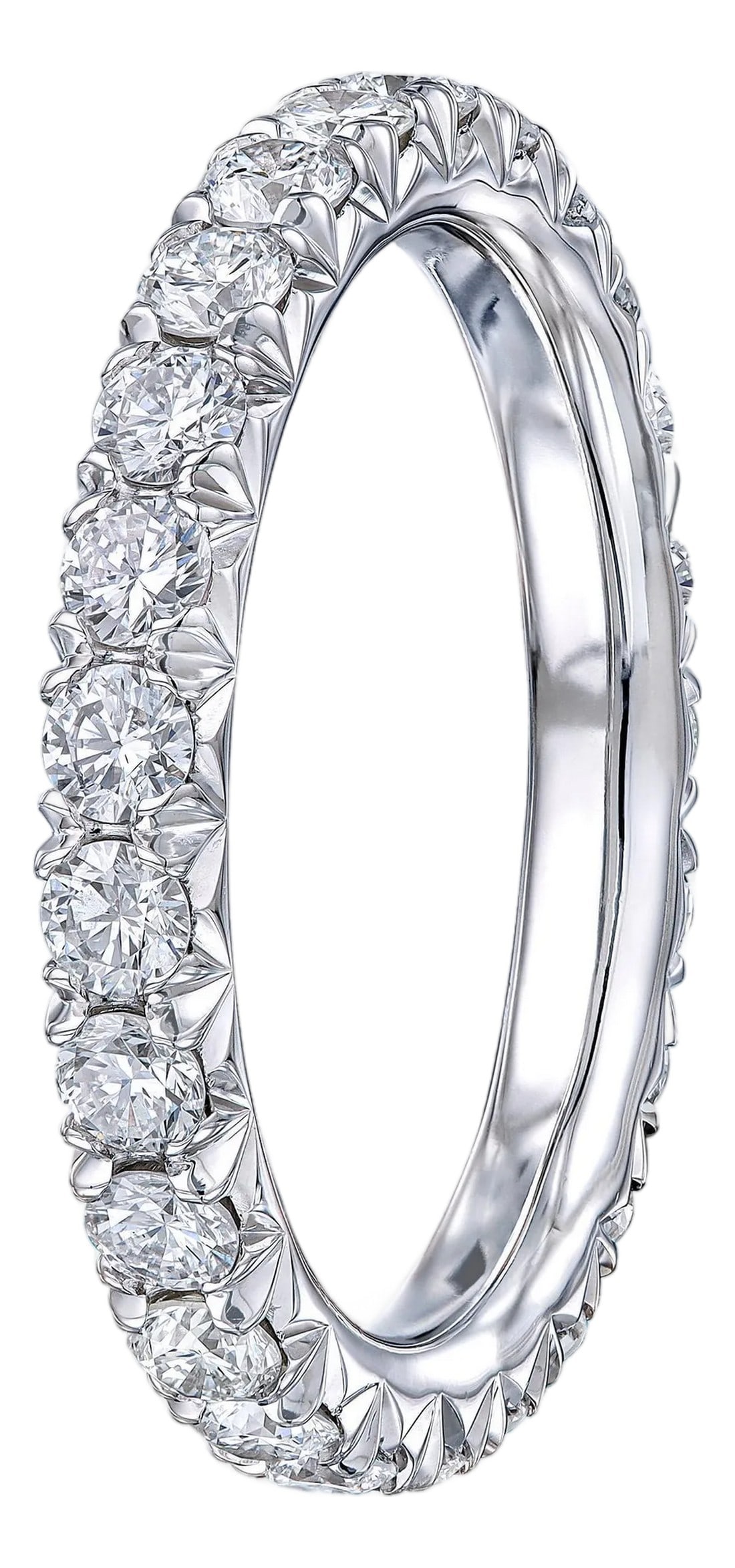 1.50 Carat Brilliant Round Diamond French Cut Eternity Band, Size 5.25: Diamond Eternity Wedding Band set in Platinum. 25 French cut micro-pave set brilliant round diamonds are F-G VS2. Carat weight = 1.5ct. Total ring weight 4 grams. Ring size 5.25. Please allow for