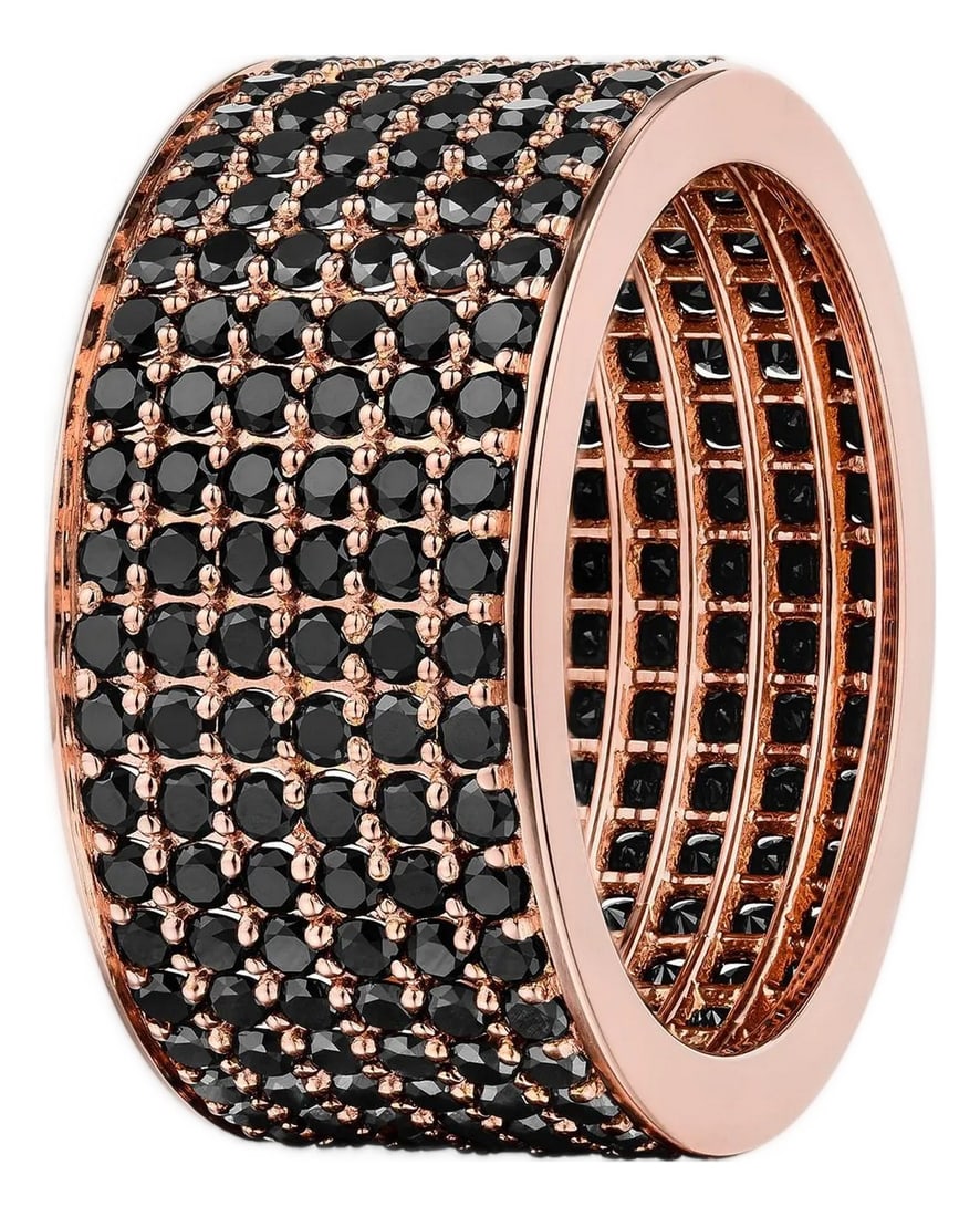 4.50 Carat Black Diamond Micro Pave Eternity Band in 14 Karat Rose Gold: Diamond Eternity Band set in 14K Rose Gold. Pave set brilliant round diamonds are natural black. Carat weight = 4.50 ct. Total ring weight 8.5 grams. Please allow for 3-4 week lead time. Ring size