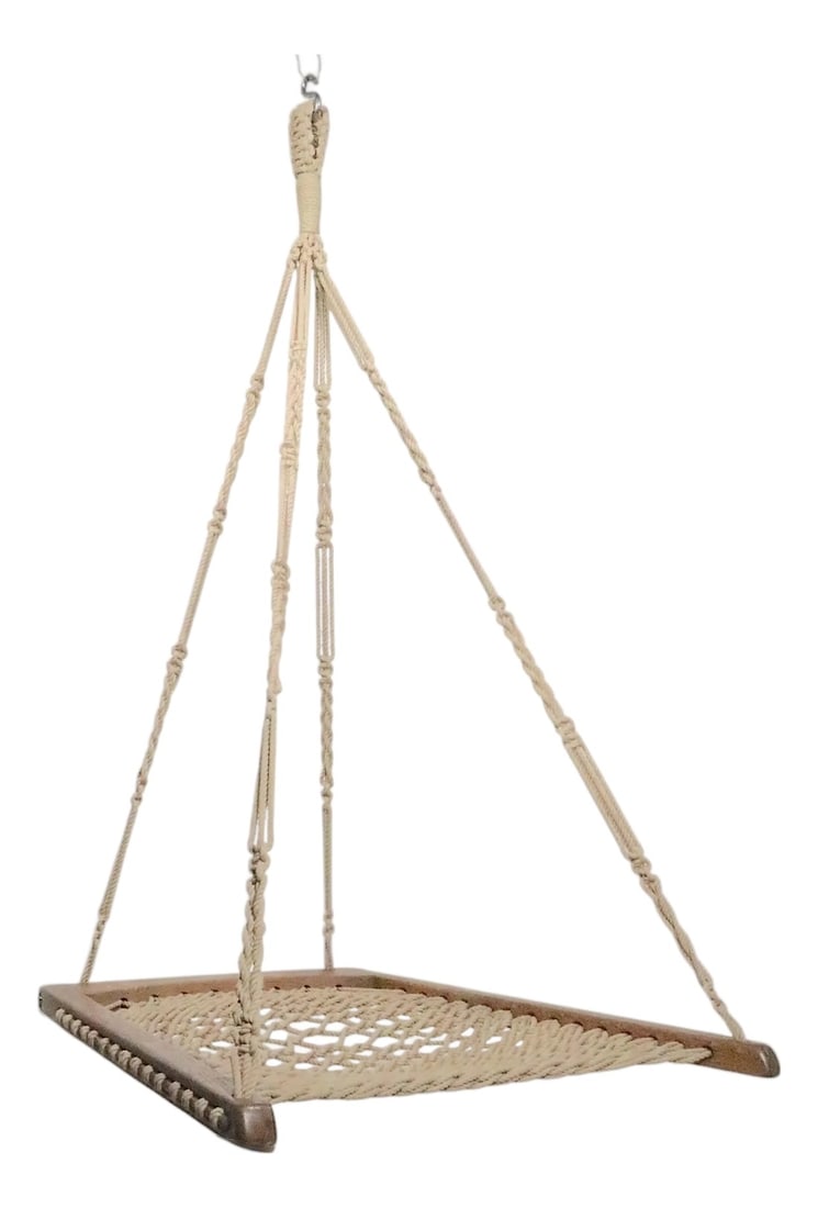 Oak and Rope Hanging Chair by Twin Oaks Hammocks: Hanging swing chair, constructed of oak, and woven cord, made by the Twin Oaks Hammocks of Twin Oaks Community of Louisa, Virginia. Twin Oak is an interesting communal living community, which used