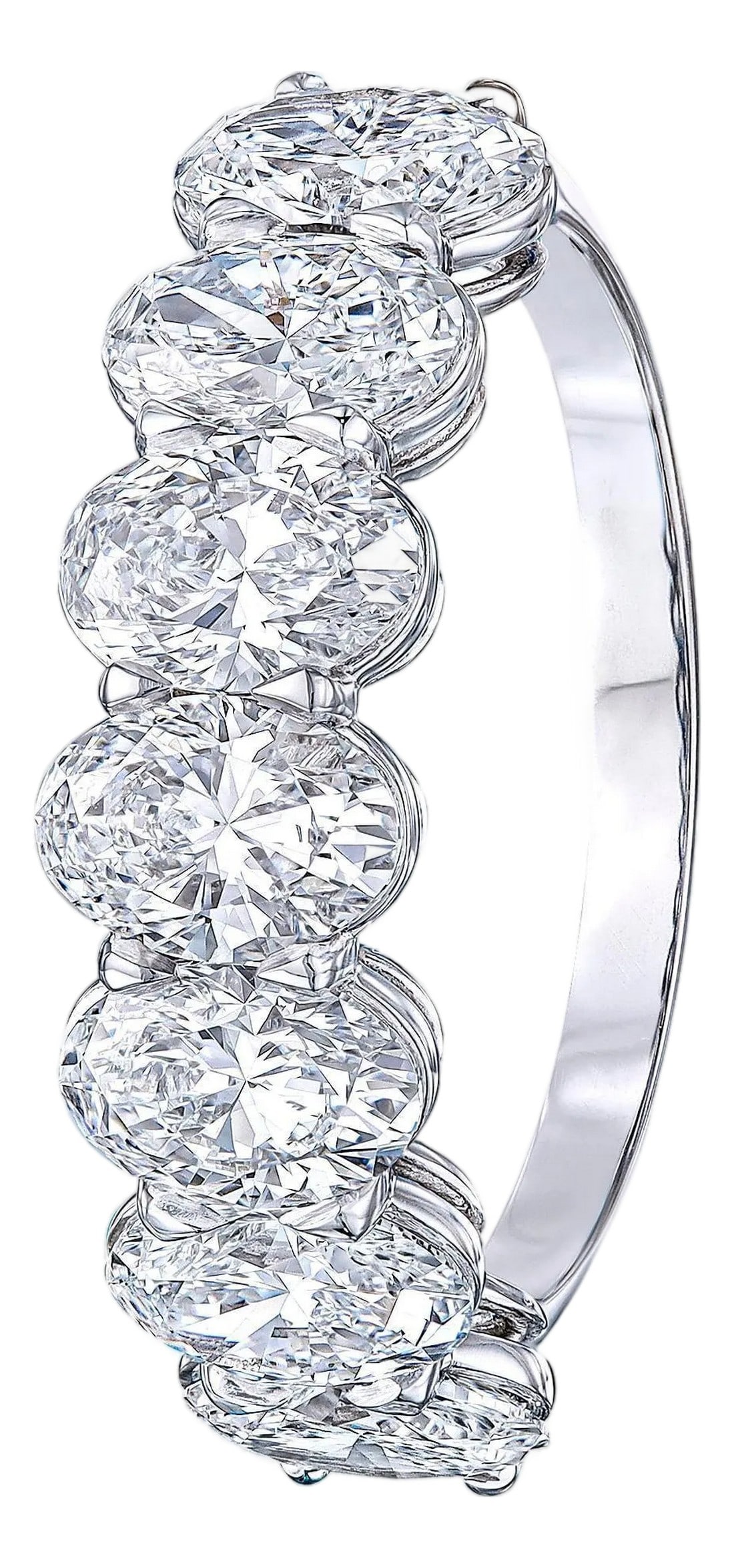 2.10 Carat Oval Brilliant Cut Diamond Band in 14K White Gold: Diamond Eternity Band set in 14K white gold. Prong set 7 Oval Brilliant cut diamonds: E-F VS2-SI1. All stones are perfectly matching. Carat weight: 2.10 ct. Total ring weight: 2.5grams. Ring size: 6.