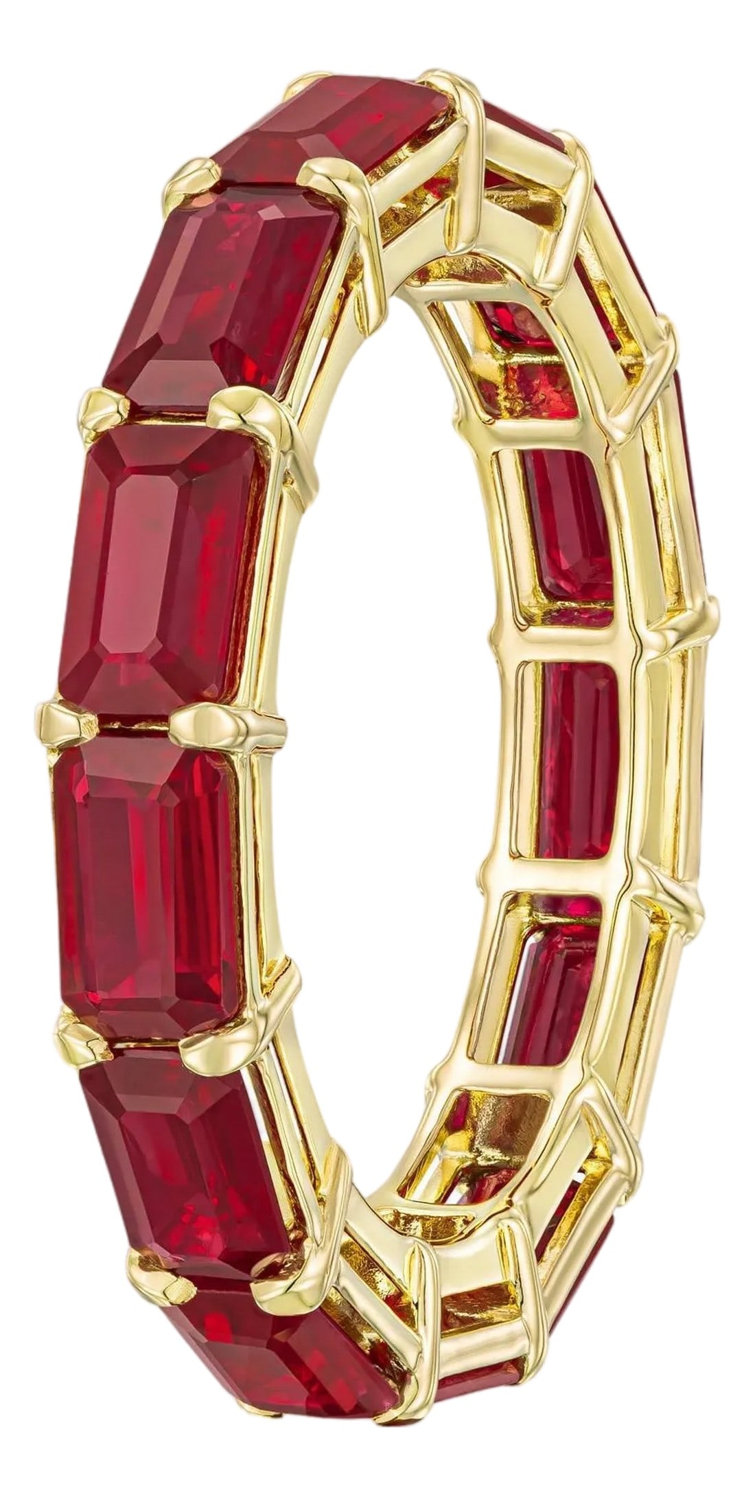 Burmese Emerald Cut Ruby 4.20ct Eternity Band in 18K Yellow Gold: This rare eternity band is handcrafted by Simon Ardem and features 13 perfectly matched emerald-cut Burma "pigeon-blood" rubies. The total weight of the rubies is 4.20 carats set in shared prong 18K