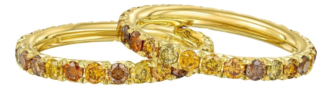 Natural various fall colored diamonds French Cut micro-pave band, 1.35cts: This unique diamond band features an assortment of 27 Fall colored micro-pave round diamonds, 2.25 mm each and 1.35 carats total weight set in French cut style 18K yellow gold band. Diamonds are 100%