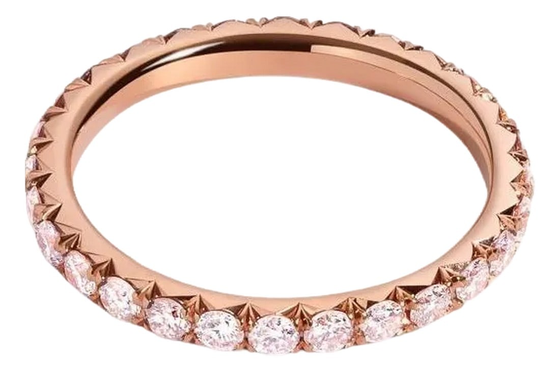 Micro-Pave Pink Diamond 1.50 Carat Eternity Wedding Band in 18K Rose Gold: Natural Pink Diamond eternity wedding band set in 18K Rose gold. Pave set brilliant round diamonds are Natural Fancy Pink VS1-SI1. Carat weight: 1.50 ct. Total ring weight: 2.5 grams. Ring size: 6. 